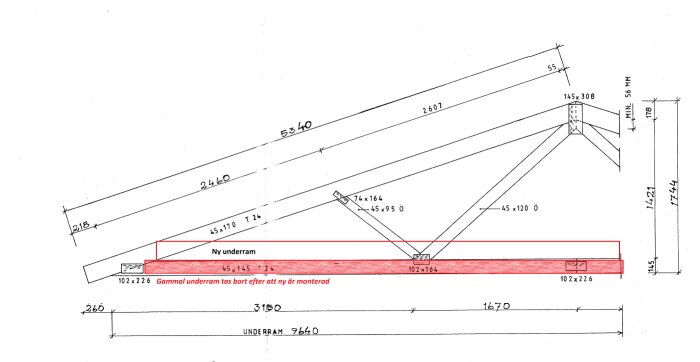 Ritning av takkonstruktion med specifika mått och två underarmar markerade; den gamla ska ersättas med en ny.