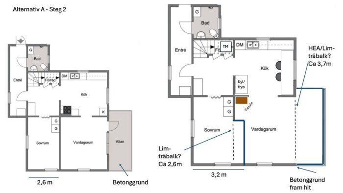 Planritning med två alternativ. Alternativ A har kök, vardagsrum och sovrum med altan. Alternativ med stål- eller limträbalkar vid olika längder.
