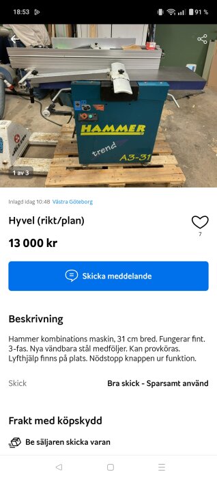 Hammer A3-31 hyvel på pall, använd för träbearbetning.