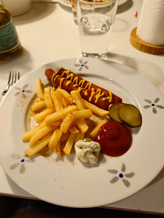 Pommes och grillkorv på tallrik, serverad med senap, ketchup, majonnäs och inlagd gurka, samt ett glas vatten i bakgrunden.