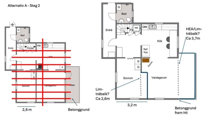 Planritning visar taklayout med markeringar för limträbalkar och betonggrund, inte i skala.