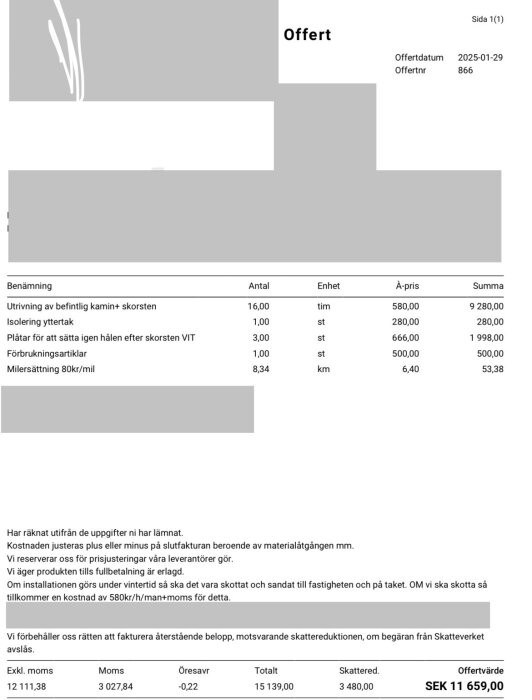 Offert för borttagning av Jötul kamin, isolering av tak och täckplåtar. Total kostnad exkl. moms SEK 12 112, inkl. moms SEK 15 139, offertvärde SEK 11 659.