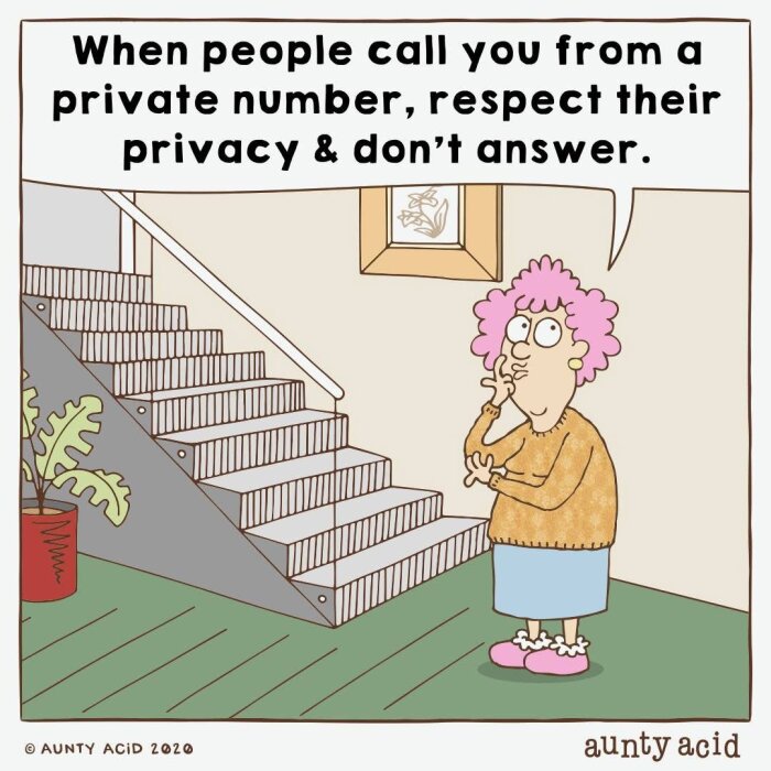 Tecknad kvinna vid trappa med text: "When people call you from a private number, respect their privacy & don’t answer.