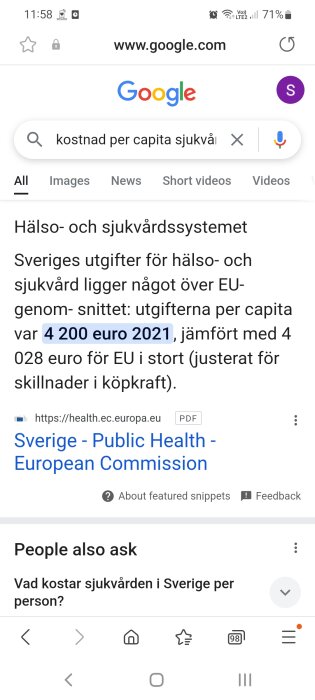 Google-sökresultat om kostnad per capita för sjukvård i Sverige, 4200 euro 2021, något över EU-snittet.