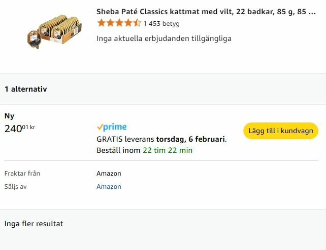 Skärmdump av Amazon Sverige som visar priset 240,01 kr för Sheba Paté Classics kattmat med leveransalternativ via Amazon Prime.