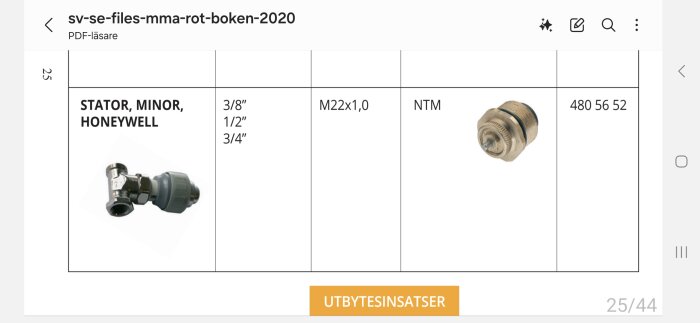 Stator och annan mekanisk del från MMA/Purmo ROT-boken katalog 2020.