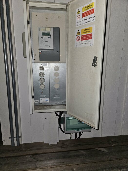 Öppen elcentral med huvudledningar, varningsskyltar på insidan av dörren och kablar som går ut ovanpå, monterad på en vit trävägg.