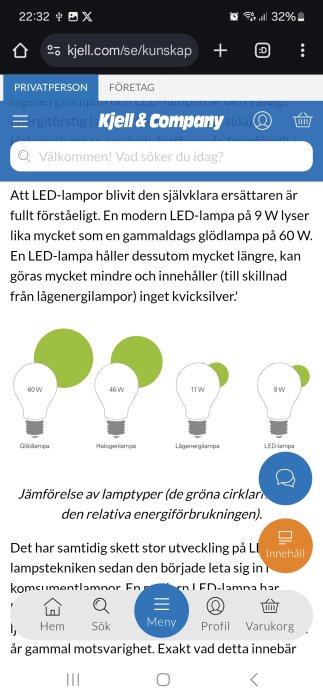 Jämförelse av glödlampa (60W), halogenlampa (46W), lågenergilampa (11W) och LED-lampa (9W) med gröna cirklar för energiförbrukning.