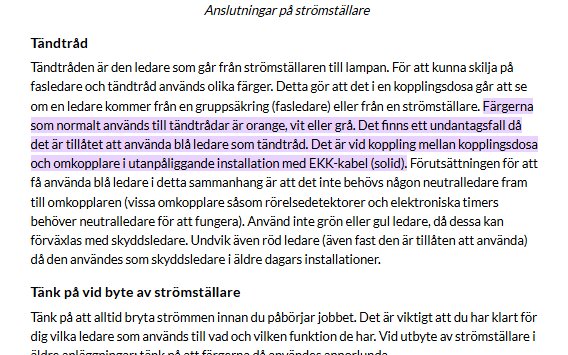 Text om koppling av strömbrytare och användning av blå kabel i EKK-kabel, samt regler för färger på tändtråd.