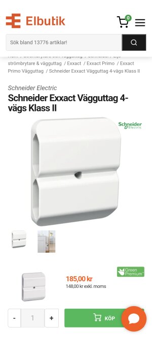 Schneider Exxact vägguttag 4-vägs Klass II från Elbutik, vit färg, pris 185,00 kr.