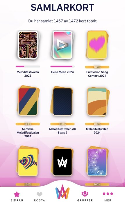 Samling av digitala samlarkort från olika musikevenemang, inklusive Melodifestivalen och Eurovision 2024 med olika färgade kort och design.