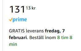 Tidsbegränsat erbjudande för Prime-medlemmar med gratis leverans till 7 februari visas, med priset 131,13 kr.