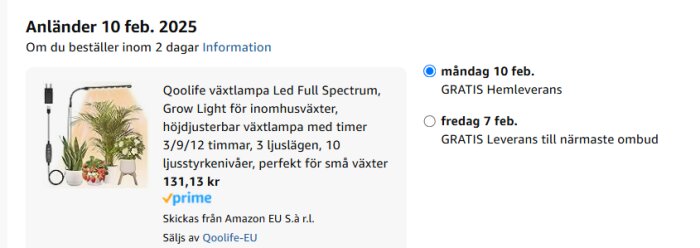 Produktbild av Qoolife växtlampa, beskriver leveransdatum för en beställning från Amazon med Prime-alternativ, gratis hemleverans eller leverans till ombud.