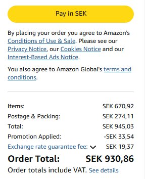 Amazon-beställningssammanfattning med totalkostnad på SEK 930,86, inklusive produkter och fraktkostnader.