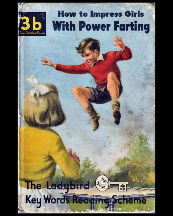 Omslag på bok med titeln "How to Impress Girls With Power Farting", pojke hoppar och flicka med gul tröja ser på i förgrunden.