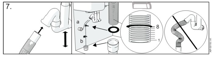 Illustration av Prevex Smartloc-installation, med fokus på slits 1-8 för gummitätning och röranslutningar. Klammer för vägg (a) och botten (b) visas.