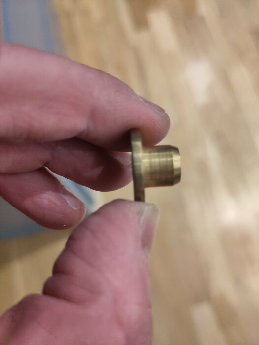 En hand håller i en mässingsfärgad möbelskruv mot en suddig trägolvsbakgrund.