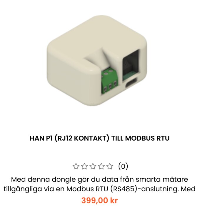 Kontakten HAN P1 (RJ12) för att omvandla data från smartmätare tillgänglig via Modbus RTU (RS485) anslutning, beige dongle.