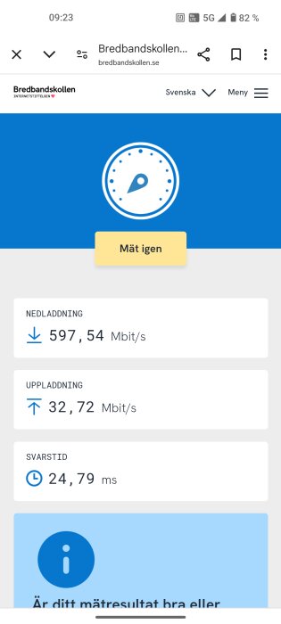 Skärmdump av Bredbandskollen visar nedladdning 597,54 Mbit/s, uppladdning 32,72 Mbit/s och svarstid 24,79 ms.