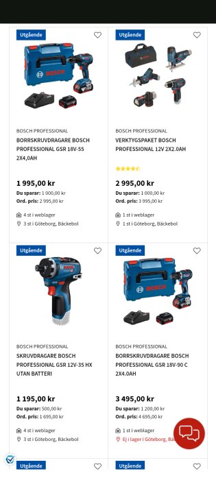 Bilder av utgående Bosch borr- och skruvdragare på Bauhaus: GSR 18V-55, verktygspaket 12V, GSR 12V-35 HX, GSR 18V-90 C, med priser och info.