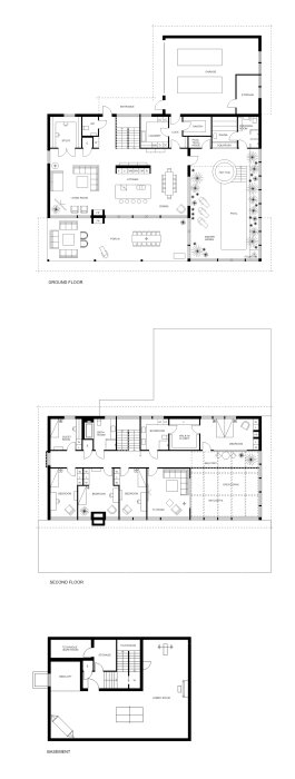 Planritning över tre våningsplan: bottenvåning med kök, vardagsrum och pool; övervåning med sovrum och TV-rum; källare med hobbyrum och sovloft.