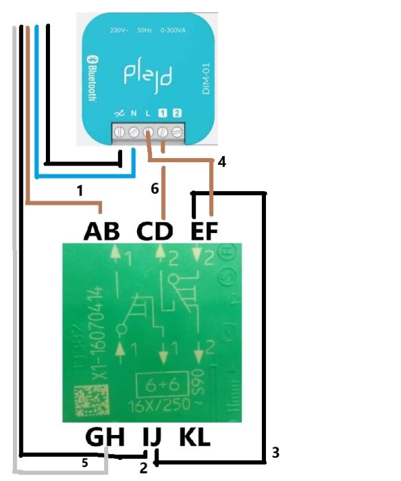 Elektrisk ritning med Plejd-enhet och kopplingar, visar hur elinstallation bör göras. Komplettering från projekt runt 2021, med olika anslutningar markerade.