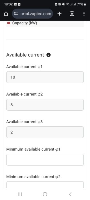 Skärmbild av Zaptec-portalen som visar tillgänglig ström för tre faser: φ1 med 10A, φ2 med 8A, och φ3 med 2A.