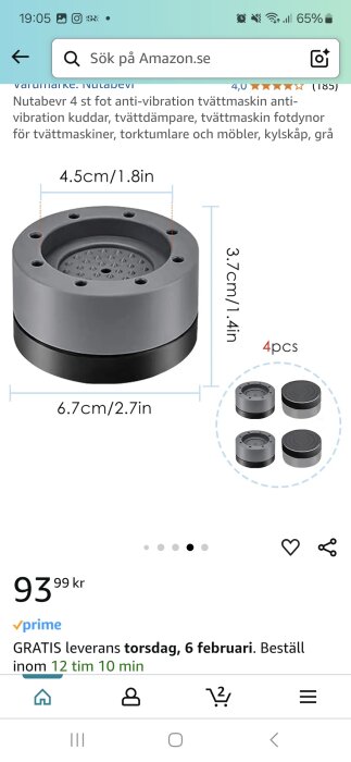 Bild av vibrationsdämpare och förhöjningssatser för tvättmaskin, rund design med måttangivelser och fyra exempel på bild.