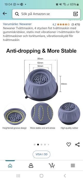 Bild av vibrationsdämpare för tvättmaskin, visad med dimensioner och egenskaper som anti-drop och stabilitet.