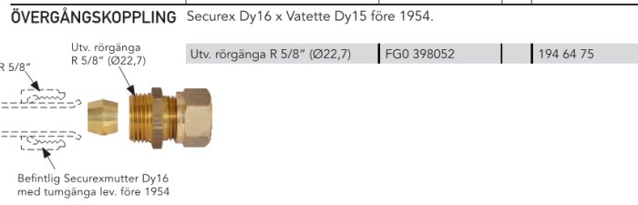 Övergångskoppling Securex Dy16 till Vatette Dy15, med utvändig rörgänga R 5/8" (Ø22,7), lämplig för installation före 1954.