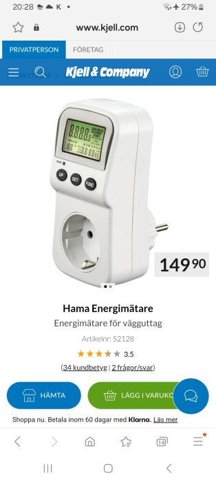 Hama energimätare för vägguttag med digital display; produktpris 149,90 kr hos Kjell & Company. Artikelnummer 52128, betyg 3.5 av 5 stjärnor.