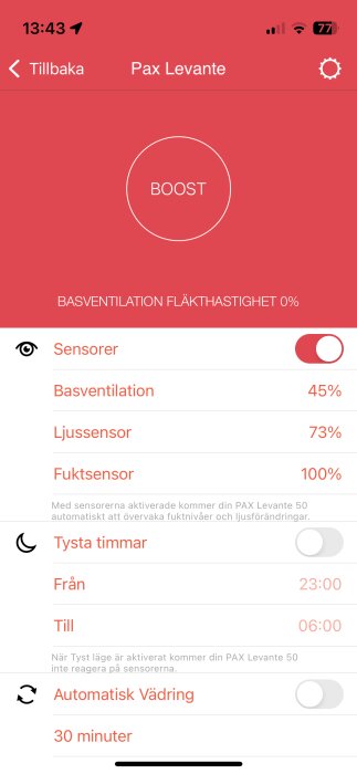 Skärmdump från Pax Levante-appen som visar ventilationsinställningar med sensorer för ljus och fukt, samt alternativ för tysta timmar och automatisk vädring.