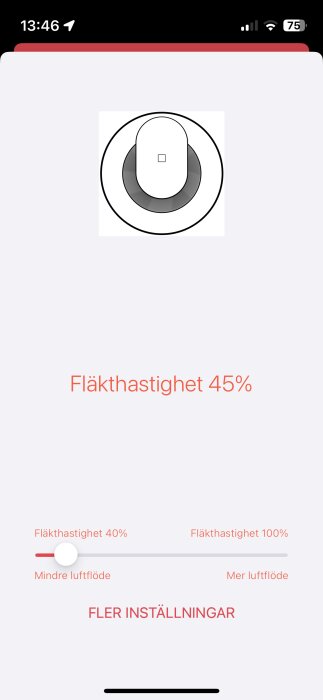 Appskärm som visar fläkthastighet på 45% med en reglageinställning och fler inställningsalternativ.