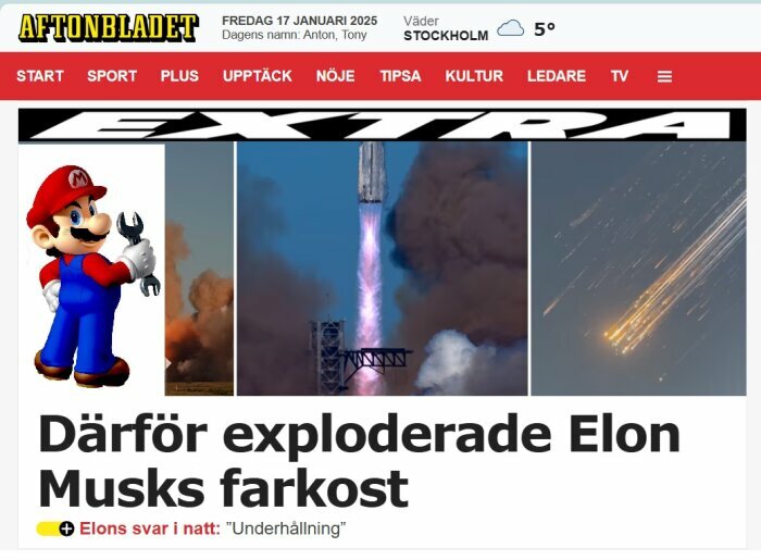 Tidningssida som visar en artikel om explosion av Elon Musks farkost med bilder av rök och eld och en bild på en tecknad karaktär.