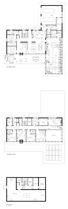 Arkitektritning som visar planlösningar för bottenvåning, övervåning och källare av ett hus med garage, bastu, pool och vinterträdgård.