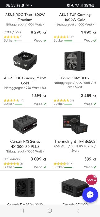 Bild av flera datanätaggregat med olika wattkapacitet och priser. Modeller inkluderar ASUS ROG Thor, Corsair RM1000x och Thermalright TR-TB650S.