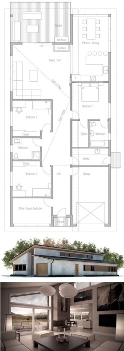 Golvyta över modern villa med tre sovrum, garage och terrass samt exteriör och interiör vy med stilren inredning och stora fönster mot landskap.