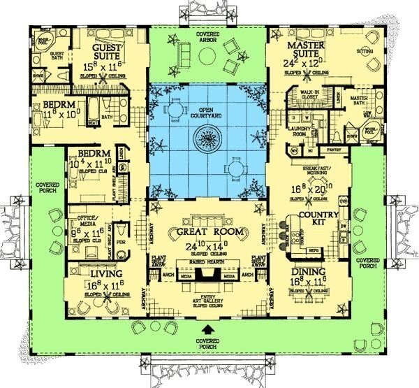 Arkitektonisk planritning av ett hus med fyra sovrum, innergård, täckt veranda, vardagsrum och kök. Planlösningen visar rum och möbler.