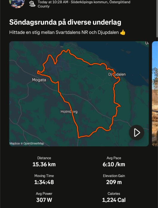 Karta över en löprunda på 15,36 km med statistik: snittfart 6:10/km, höjdökning 209 m, tid 1:34:48, effekt 307 W, förbrända kalorier 1224.