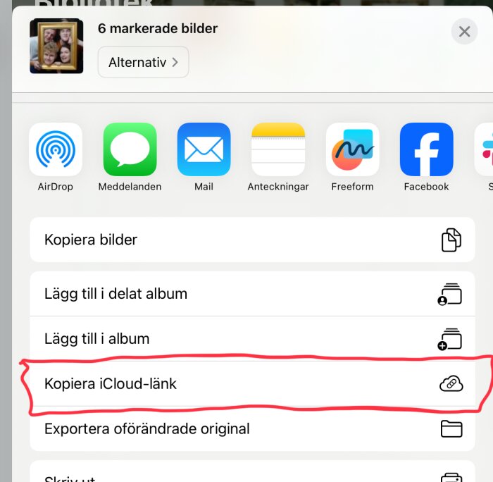 iOS delningsmeny visar alternativ som AirDrop, Meddelanden och Mail, med "Kopiera iCloud-länk" understruket i rött.