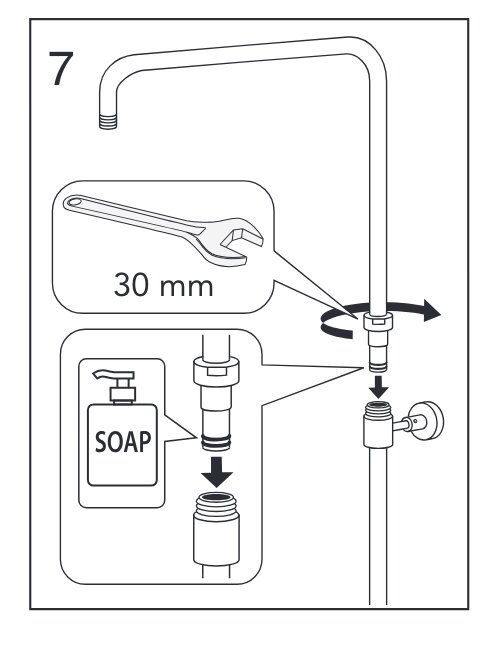 Instruktionsbild för montering av duschrör med 30 mm skiftnyckel och montering av delar, inkl. användning av tvål som glidmedel.