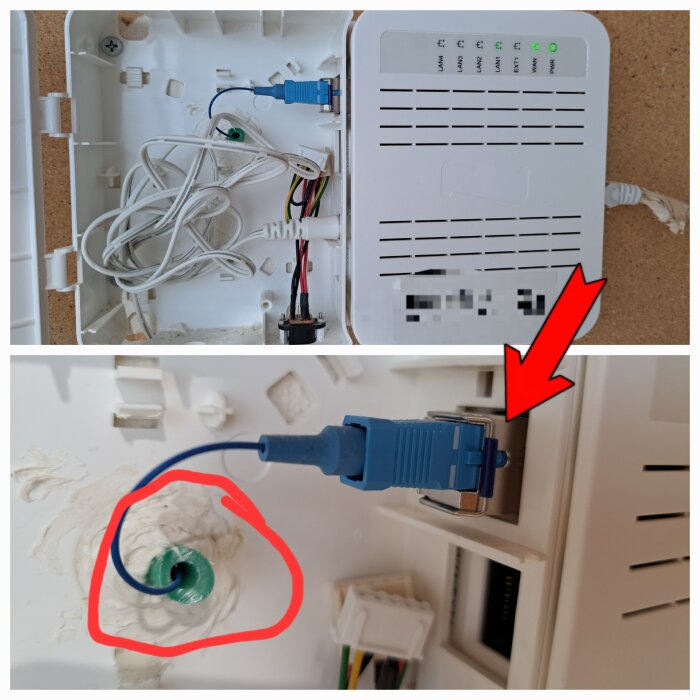 Öppen fibermottagare med kablar, röd cirkel markerar silicon runt ett hål, röd pil pekar på en kontakt med blå kabel.