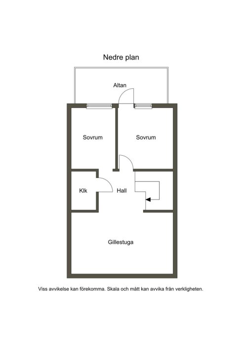 Planritning av nedre plan i ett radhus med två sovrum, hall och gillestuga; klädkammare ersatt av badrum i verkligheten.