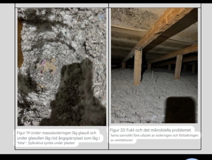 Bilder visar mögelangrepp under takisolering och kondensproblem på vinden, relaterade till dålig ventilation som nu är åtgärdad.