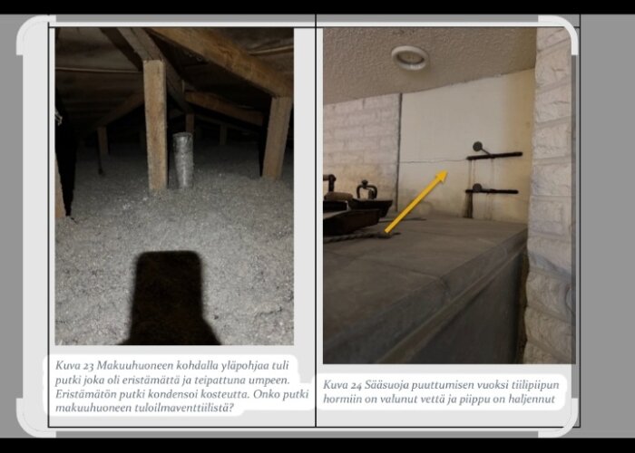 Vänster bild visar ett isolerat vindsutrymme med ett rör och träbjälkar. Höger bild visar en tegelvägg med ett gult verktyg intill några rör.