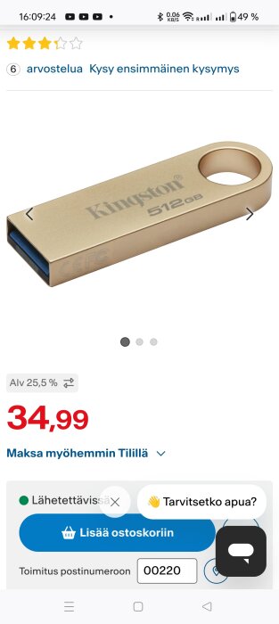 En guldfärgad Kingston USB-sticka med 512 GB lagringskapacitet visas tillsammans med ett pris på 34,99 och köpalternativ på finska.