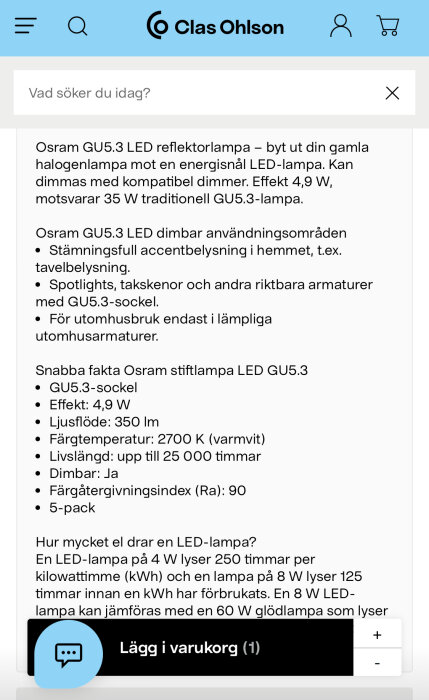 Information om Osram GU5.3 LED-reflektorlampa och dess specifikationer för effektiv och stämningsfull belysning.