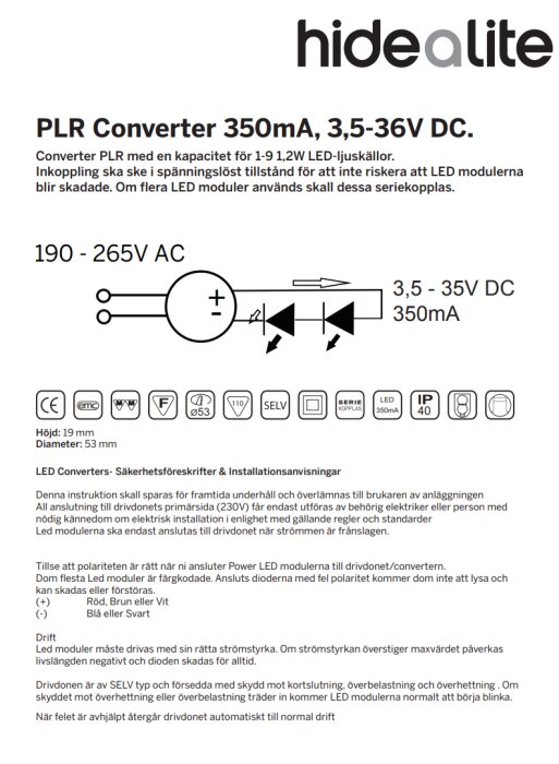 Instruktioner och specifikationer för Hidealite PLR Converter 350mA, med fokus på seriekoppling av LED-moduler och säkerhetsföreskrifter.