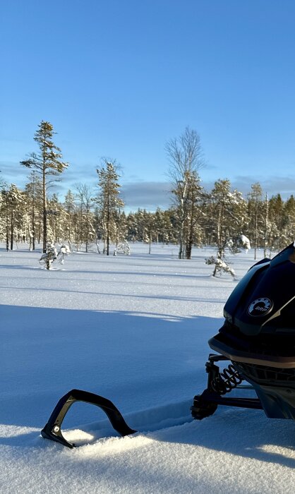 Snöskoter i ett snöigt landskap med träd.