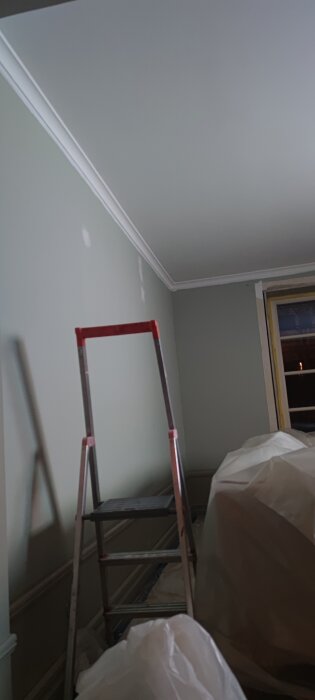 Stege framför en delvis målad vägg i vardagsrum med målade taklister och fönster täckt av plast.